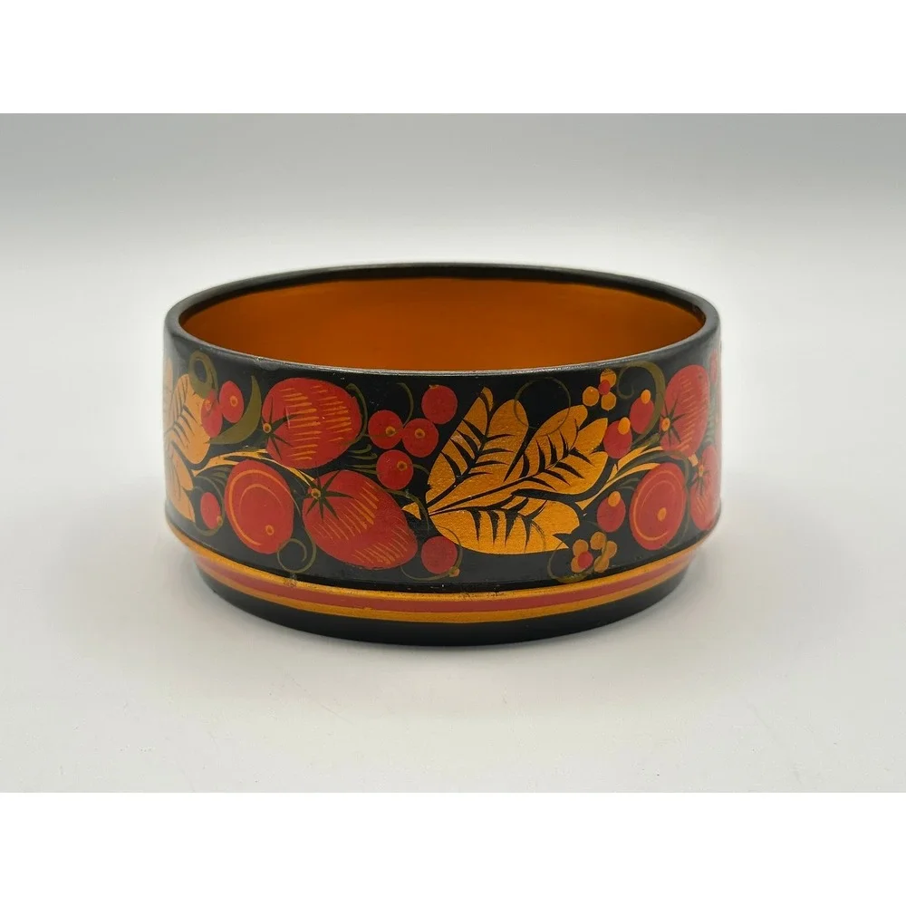 Vintage Khokhloma Wooden Bowl Hand Painted Strawberry Folk Art Black Gold